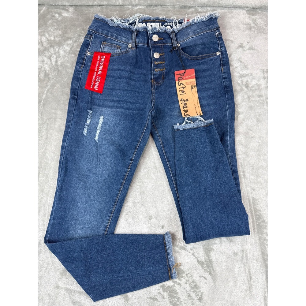 Pastel Jeans Womens Distressed Skinny Ankle Crop Blue Denim Frayed Waist Size 11